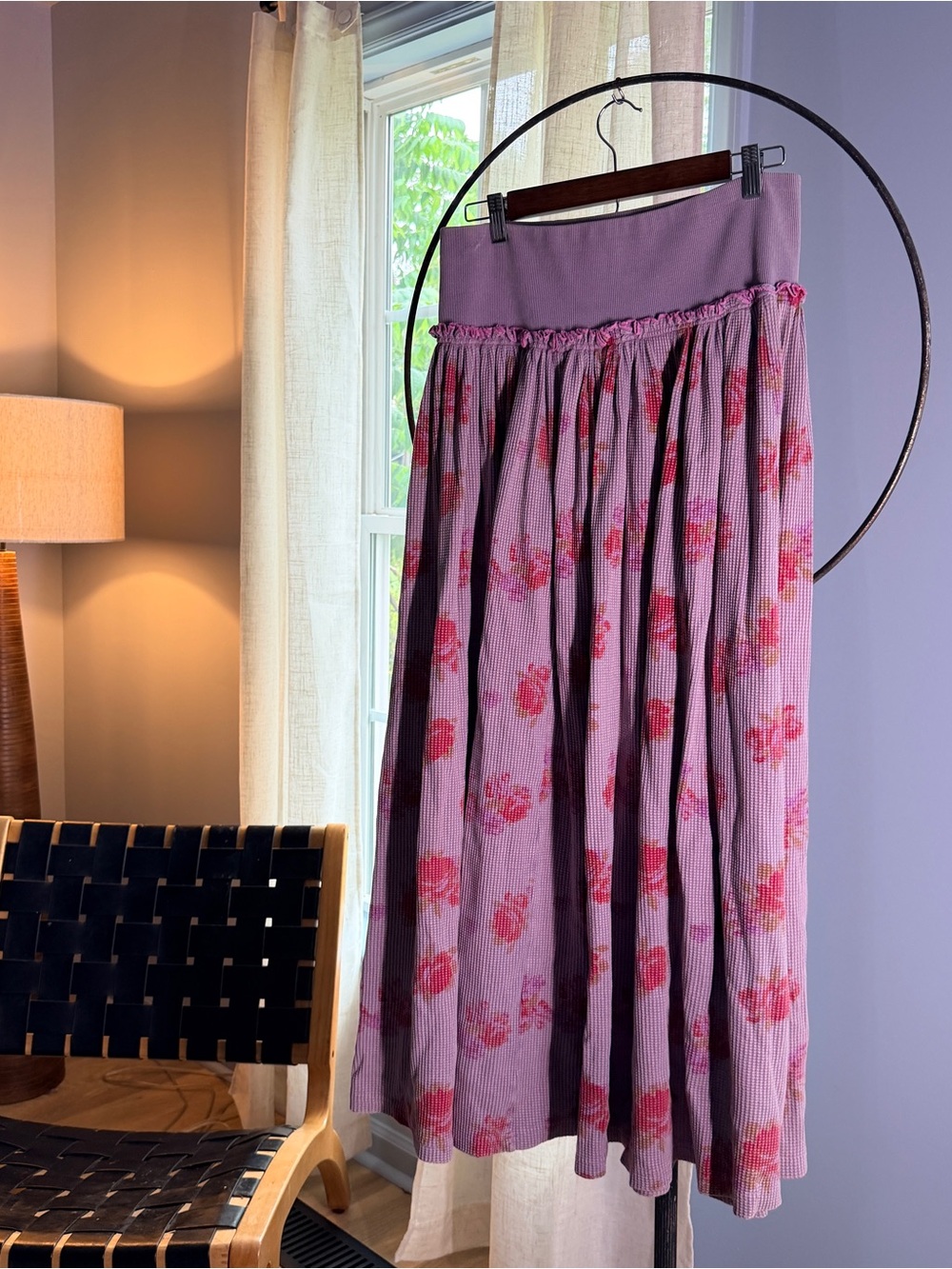 Free People Lavender Midi Skirt with Pink Floral Print